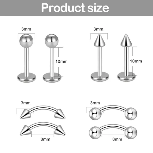 Vista 2 de Juego de 25/33 piercings de acero inoxidable para nariz, lengua, cartílago, ceja, ombligo, ombligo, cartílago, cejas, ombligo, 25/33 unidades, 18/33