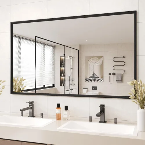 Vista 73 de JISOSO - Espejo de baño negro de 20x30 pulgadas con marco de metal negro, espejo de tocador rectangular redondeado con acabado mate para pared