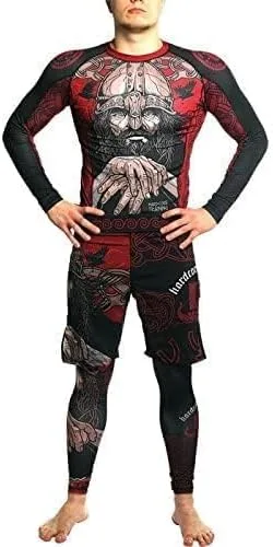Vista 4 de Hardcore Training Camiseta de compresión para hombre, manga larga, Jiu Jitsu, MMA No-Gi, BJJ apretada, capa base de combate