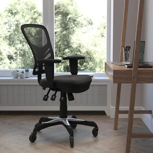 Vista 2 de Flash Furniture Nicholas Silla de oficina ergonómica giratoria ejecutiva multifunción de malla negra con brazos ajustables y ruedas de rodillo
