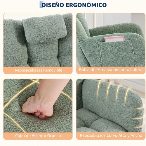 Vista 5 de Mecedora deslizadora tapizada con patas de madera para sala de estar, dormitorio, cuarto de bebé, incluye bolsillos laterales