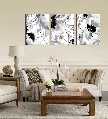 Vista 2 de Lienzo abstracto para pared, para dormitorio, baño, sala de estar, decoración de pared, negro, blanco, gris, moderno, abstracto, lienzo, impresiones