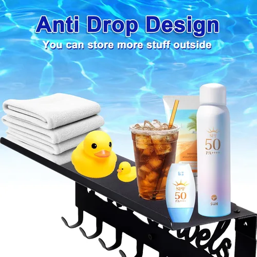 Vista 5 de Toalleros de piscina con estante 8 ganchos para piscina, baño, montaje en pared, toallero, soporte para toallas, soporte de acero al carbono
