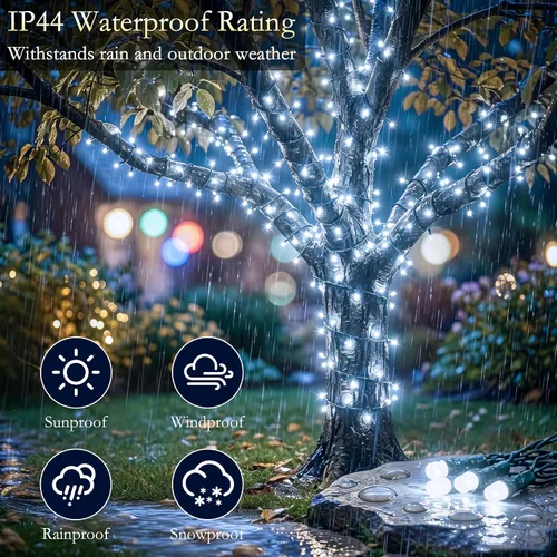 Vista 4 de Tira de luces de Navidad para interiores y exteriores, impermeable, 200 luces LED, 66 pies, 8 modos, luz blanca fría, para decoraciones de la casa