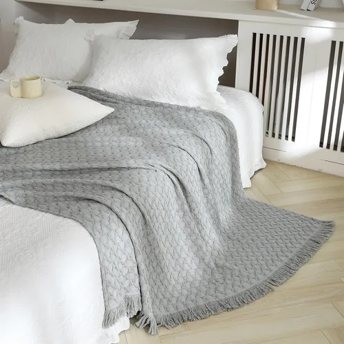 Vista 10 de Simple&Opulence Manta 100% algodón para sofá, cama, manta de punto gofre con borlas, suave, ligera, prelavada, transpirable, cómoda, decoración