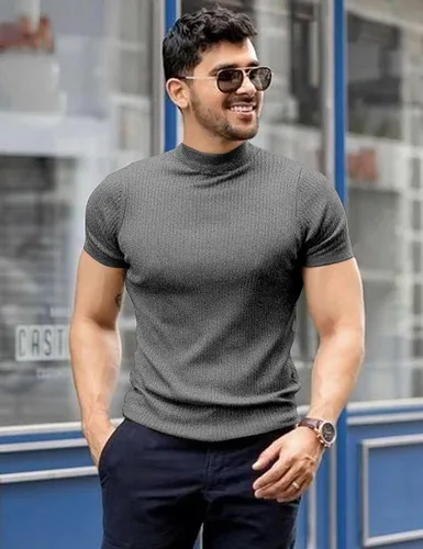 Vista 2 de AstoSeu Camisetas de cuello alto para hombre de manga corta, suéter ligero de cuello alto
