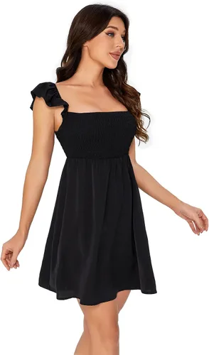 Vista 6 de WDIRARA Vestido corto con cuello cuadrado fruncido y mangas casquillo para mujer