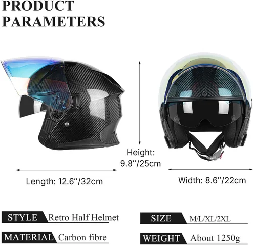 Vista 6 de Kaese Casco de motocicleta de fibra de carbono 3/4 con protector de doble lente, aprobado por DOT, protección facial ligera para hombres y mujeres