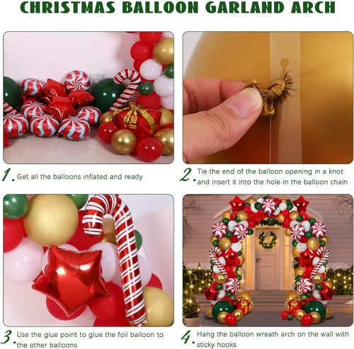 Vista 4 de RUODON Kit de arco de globos de Navidad, 233 piezas con dulces, bastón, látex, caja de regalo y globos de estrella para decoraciones de fiesta