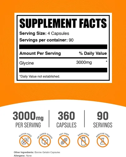 Vista 2 de BulkSupplements.com Cápsulas de Glicina - Suplementos de Glicina, Suplemento de Aminoácidos - Sin Gluten, 4 Cápsulas por Porción, 360