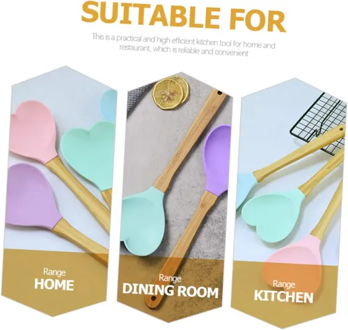 Vista 7 de 4 cucharas de sopa y ensalada de silicona con forma de corazón, prácticos utensilios de cocina para mezclar y servir y herramientas de cocina