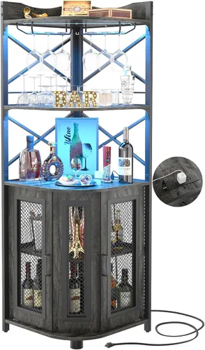 Vista 9 de Aheaplus Gabinete Bar de Esquina con Toma de Corriente, Gabinete de Vino Industrial con Tira LED y Portavasos, Gabinetes de Licores de 5 Niveles