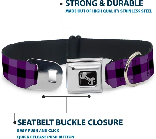 Vista 4 de Buckle-Down Collar de perro con hebilla de cinturón de seguridad, diseño a cuadros de búfalo, color negro/morado, 1 pulgada de ancho, se adapta a