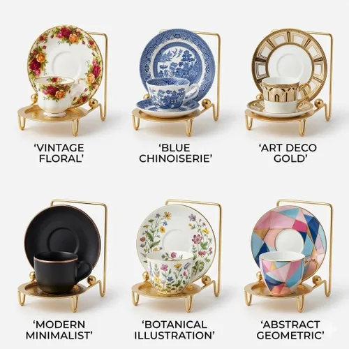 Vista 7 de HOHIYA Soporte de exhibición dorado para tazas y platillos de té para 6 tazas, organizador de mesa decorativo para tazas de China, tazas y platos