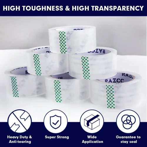 Vista 3 de RAZCC Cinta de embalaje, 12 rollos de cinta de embalaje transparente resistente con dispensadores para embalaje, envío, mudanza y correo, cinta