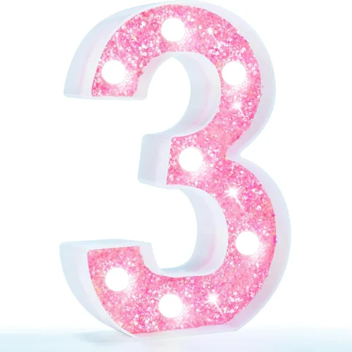 Vista 29 de Pooqla Luces de números de marquesina, números de luz rosa para niñas de 10.º cumpleaños, funciona con pilas, luz nocturna de número con purpurina