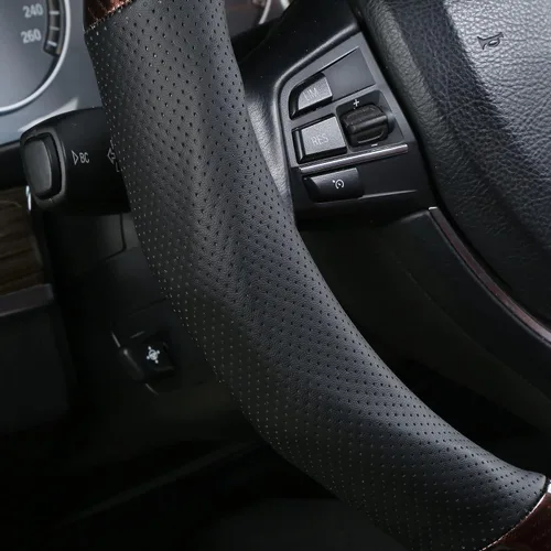 Vista 3 de ALEMODR Funda de volante de cuero de fibra de carbono negra universal de 15 pulgadas