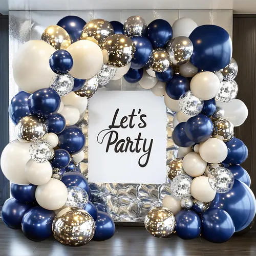 Vista 12 de Kit de arco de globos negros y dorados y blancos, 129 piezas de doble relleno de perlas, arena, blanco, negro, oro cromado, con guirnalda de globos
