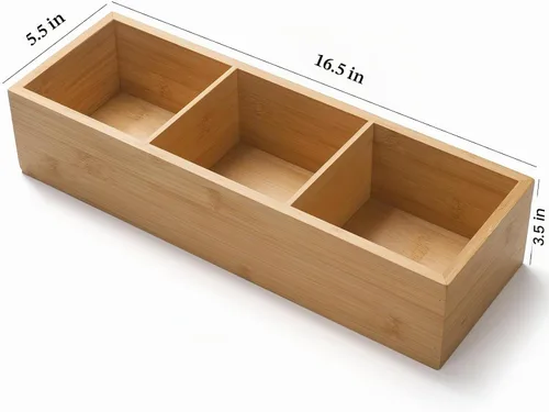 Vista 8 de Cesta de baño de bambú, cesta de madera para tanque de inodoro, caja de almacenamiento de madera con 3 compartimentos para organizador de baño
