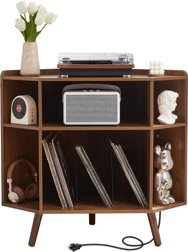 Vista 13 de Soporte para tocadiscos de 45.3 pulgadas con almacenamiento de vinilo, mesa giratoria de madera con capacidad para hasta 350 álbumes, moderno