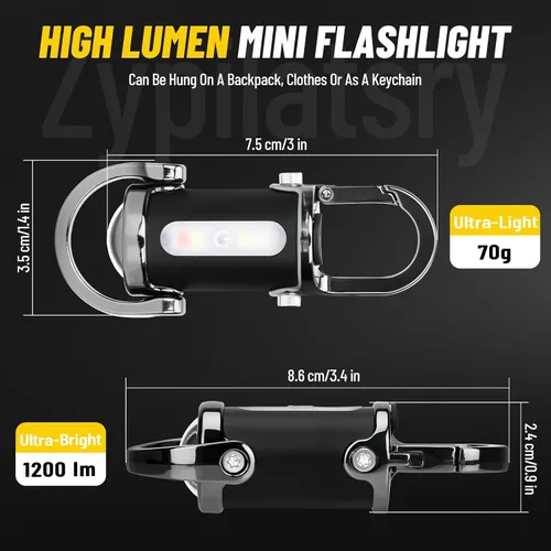 Vista 8 de linterna mini LED súper brillante de 1200 lúmenes recargable por USB, pequeña linterna llavero impermeable de rescate, para camping - Negro