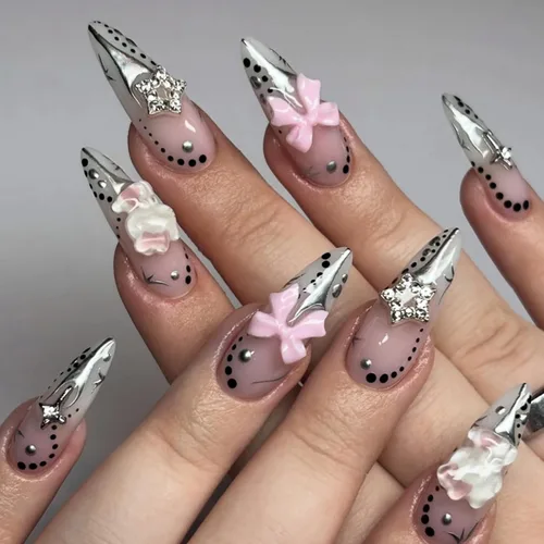 Vista 11 de MISUD Uñas postizas a presión, uñas postizas largas de aguja con punta francesa de guepardo, diseño de tortuga acrílica, 24 piezas 066A03Marrón