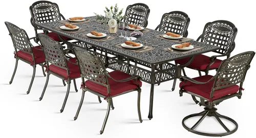 Vista 24 de VIVIJASON Juego de comedor al aire libre de 9 piezas, juego de mesa y sillas de patio de aluminio fundido para 8, incluye mesa rectangular de 94.5