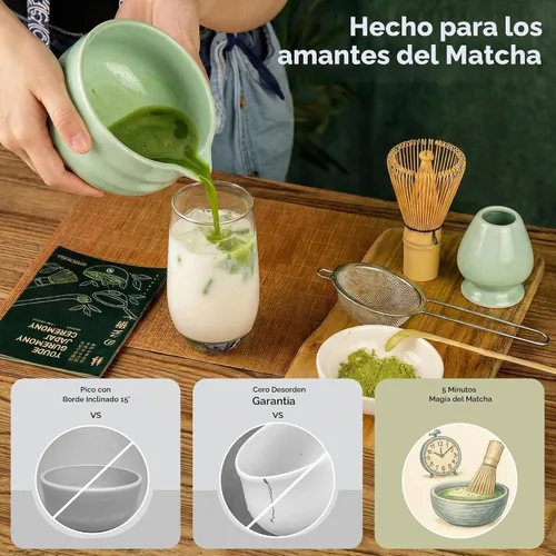 Vista 3 de Juego de batidor Matcha – Kit tradicional de 5 piezas con cuenco de cerámica que incluye batidor de bambú, cuchara, tamiz y soporte para batidor
