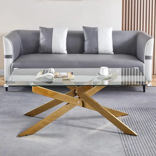 Vista 7 de Mesa de centro de cristal de 47 pulgadas, moderna tapa rectangular de vidrio templado con patas de metal con cruz dorada, mesa central de espacio