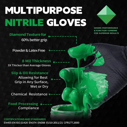 Vista 2 de FINITEX Industrial Diamond Texture Nitrile Black Glove - 100/1000PCS Chemical Resistant 8mil Mechanic Disposable Gloves