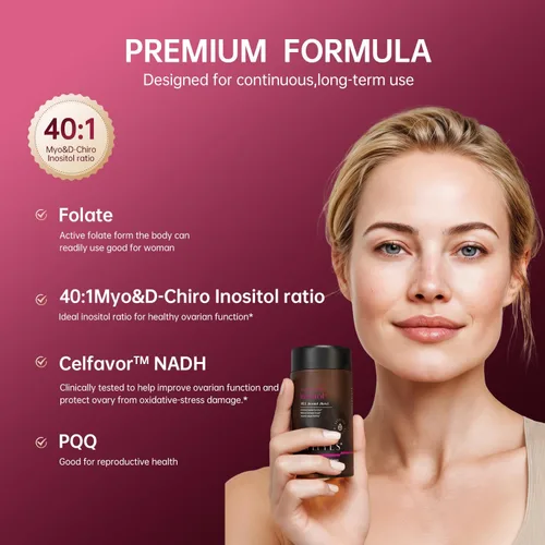 Vista 3 de Suplemento de mio-inositol y D-quiro inositol para mujeres - Proporción ideal 40:1, NADH más folato y PQQ - Equilibrio hormonal y apoyo ovárico