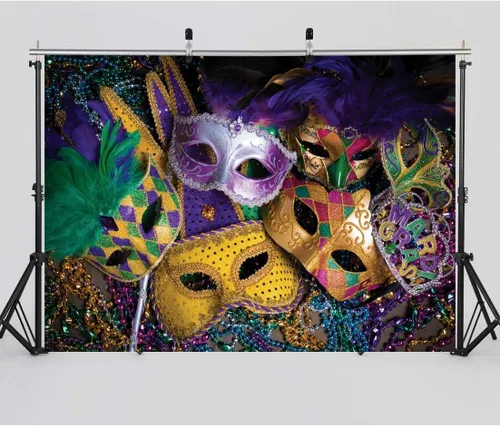 Vista 2 de CHAIYA Telón de fondo de fotografía con temática de Mardi Gras de 7 x 5 pies, fondo de mascarada, fiesta de baile, cabina de fotos para boda