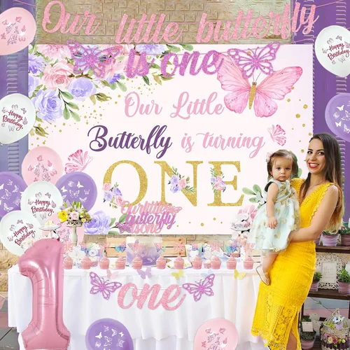 Vista 4 de Decoraciones de mariposa para el primer cumpleaños para niñas, rosa y morado con texto en inglés "Our Little Butterfly is Turning One, telón