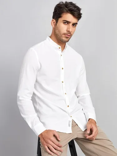 Vista 3 de MakeMeChic Blusa de manga larga sólida con cuello alto y botones para hombre