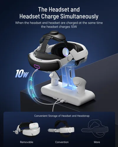 Vista 4 de ZYBER Base de carga RGB para Meta Quest 3, estación de carga rápida con 2 baterías recargables para accesorios Oculus Quest 3, soporte