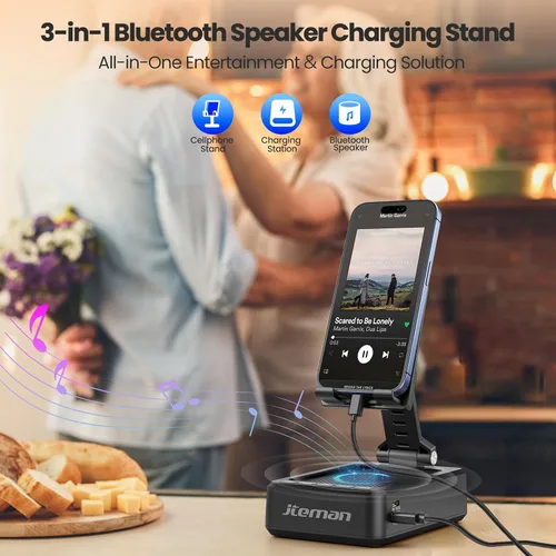 Vista 2 de JTEMAN Soporte para teléfono celular con altavoz Bluetooth y función de carga, soporte ajustable para teléfono con sonido HD, regalos de cumpleaños