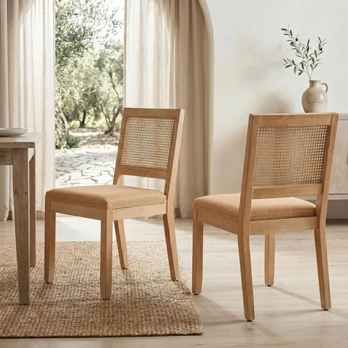 Vista 6 de French Country Dining Chairs Set of 2, Linen Upholstered Cane Back, Amber Soft linen upholstered seat with thick foam padding provides comfortable