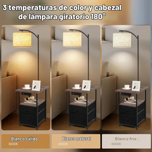 Vista 4 de PESRAE Lámpara de pie con mesa y 2 cajones, mesa auxiliar con luz de lectura de 3 temperaturas de color, lámpara de mesa lateral con USB y puertos