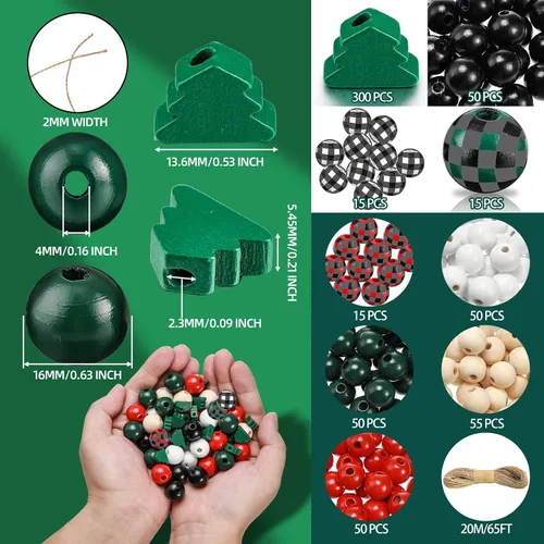 Vista 2 de Cuentas de madera de Navidad de 0.63 pulgadas, cuentas de madera rústicas de granja y cuentas en forma de árbol de Navidad de 0.47 pulgadas
