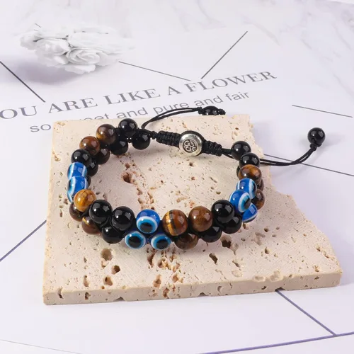 Vista 30 de Pulsera de triple protección, ojo de tigre malvado de ojo y obsidiana negra de 0.315 in, pulsera curativa para hombres y mujeres, pulsera curativa