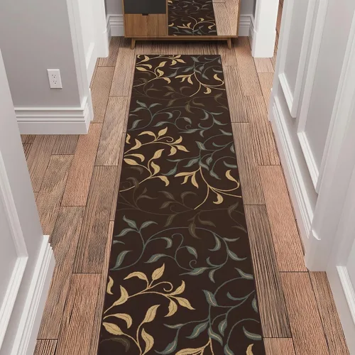 Vista 23 de Ottomanson, colección OttoHome, tapete para corredor con diseño azul claro y damasco (antiderrapante), parte trasera de goma Floral Beige