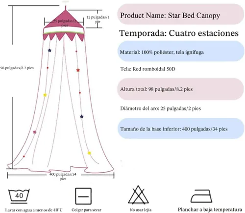 Vista 7 de Dosel de Cama para Niñas con Luces de Estrellas, Cortinas de Dosel de Cama de Princesa con Mosquitero de Estrella Dorada para Decoración de Rosa