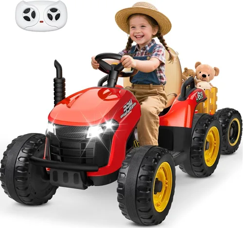 Vista 8 de ANPABO Tractor de paseo de 24 V con remolque inclinable y desmontable, neumáticos EVA, hasta 4.3 Mph, juguetes para montar con control remoto Azul