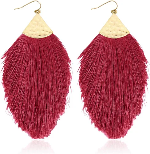 Vista 11 de Aretes bohemios de hilo sedoso con flecos y borlas – Ligeros, colgantes, con hebras y forma de pluma Fleco de plumas - Azul Aqua