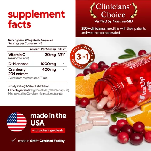 Vista 2 de VitaUp D-manosa con arándano y vitamina C - Cápsulas de D-manosa 1000 mg fabricadas en EE. UU. - Pastillas de arándano para el tracto urinario
