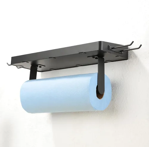 Vista 5 de Soporte de toallas de papel ZUNTO para garaje con estante, estante de toallas de papel de acero inoxidable negro con ganchos, soporte de toallas
