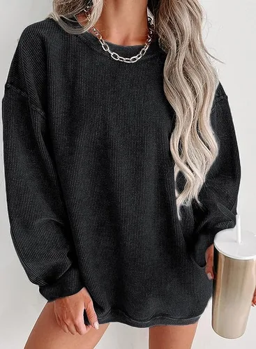 Vista 3 de Sudadera de pana de gran tamaño con cuello redondo para mujer, casual, manga larga, moderna, cómoda