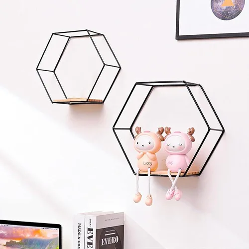 Vista 3 de Juego de 3 estantes flotantes hexagonales montados en la pared, modernos estantes de metal para colgar en la pared, estantes rústicos de baño