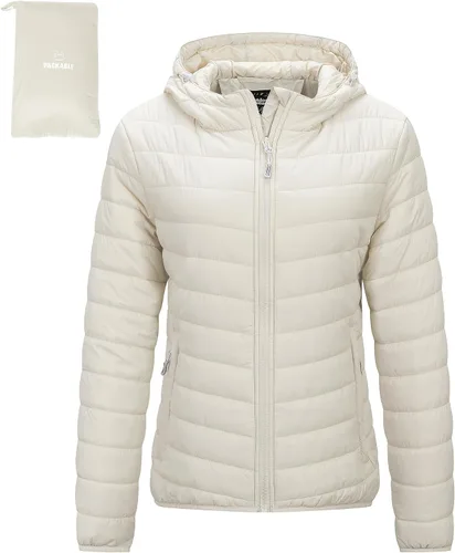 Vista 26 de Outdoor Ventures Chaqueta Puffer Ligera Empacable para Mujer con Cremallera Completa y Capucha, Abrigo de Invierno Acolchado Verde militar