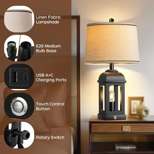 Vista 6 de QiMH Lámpara de mesa para sala de estar, lámparas de granja con USB A+C y luz nocturna, lámparas de noche rústicas de 26" con control táctil